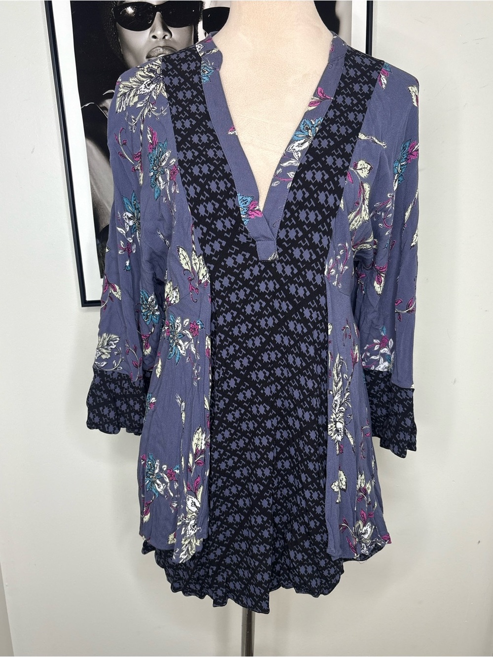 Free People Purple Floral Mixed-Print V-Neck Tunic